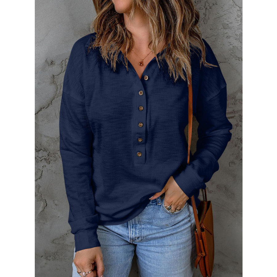 Full Size Half Button Collared Neck Drop Shoulder Top Apparel and Accessories