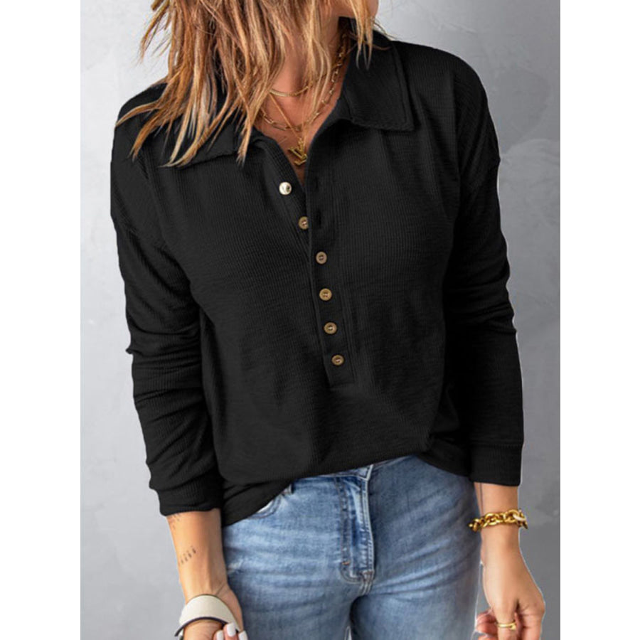 Full Size Half Button Collared Neck Drop Shoulder Top Apparel and Accessories