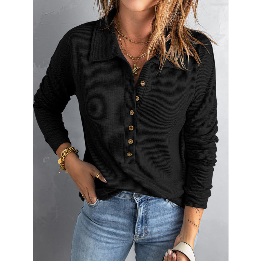 Full Size Half Button Collared Neck Drop Shoulder Top Apparel and Accessories