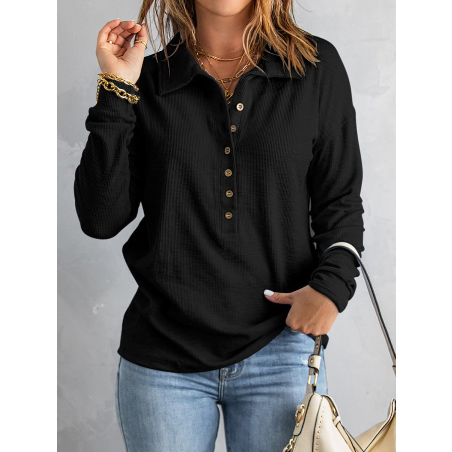 Full Size Half Button Collared Neck Drop Shoulder Top Black / S Apparel and Accessories