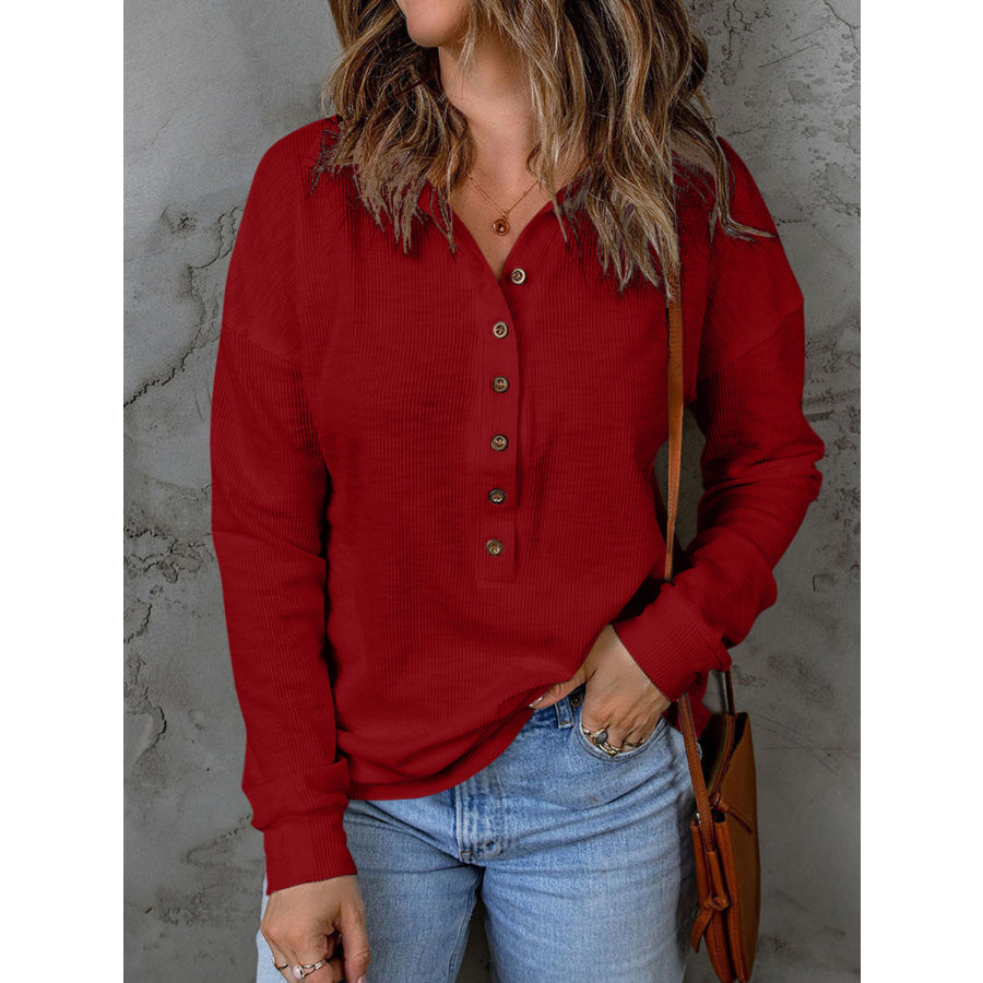 Full Size Half Button Collared Neck Drop Shoulder Top Burgundy / S Apparel and Accessories