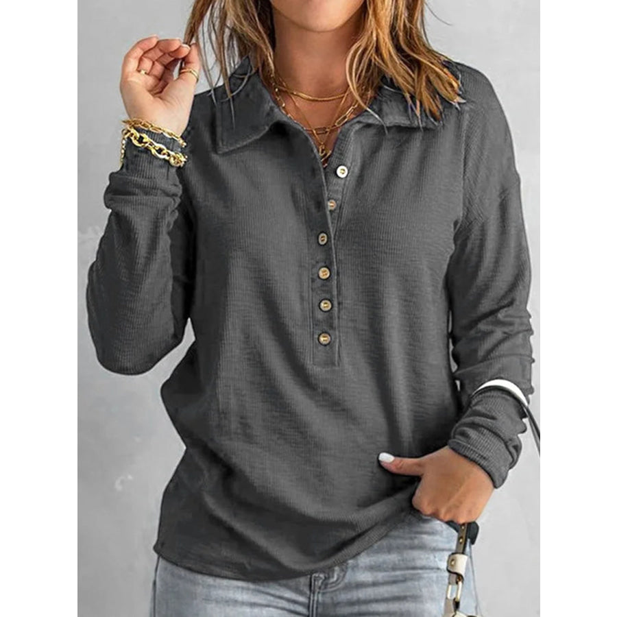 Full Size Half Button Collared Neck Drop Shoulder Top Dark Gray / S Apparel and Accessories