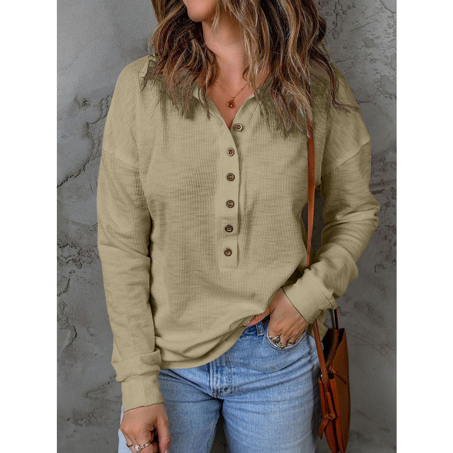 Full Size Half Button Collared Neck Drop Shoulder Top Khaki / S Apparel and Accessories