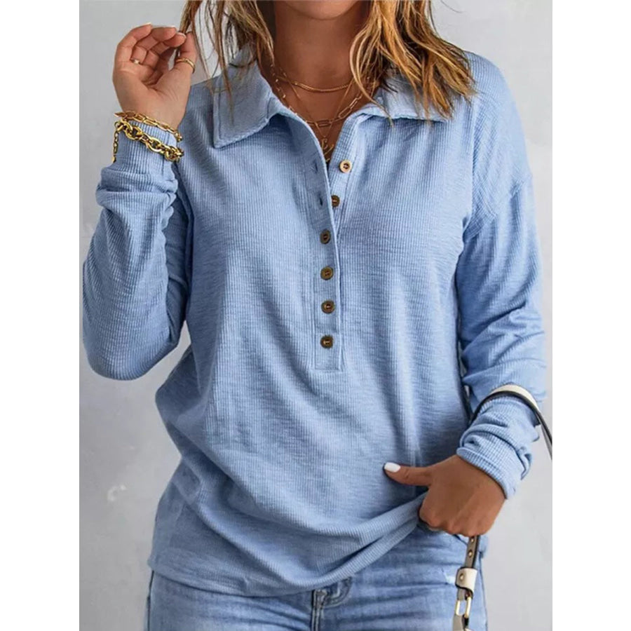 Full Size Half Button Collared Neck Drop Shoulder Top Light Blue / S Apparel and Accessories