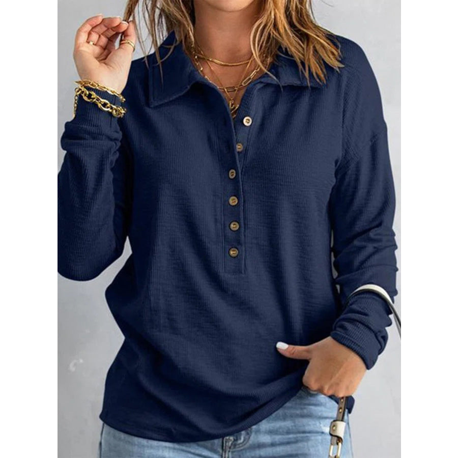 Full Size Half Button Collared Neck Drop Shoulder Top Navy / S Apparel and Accessories