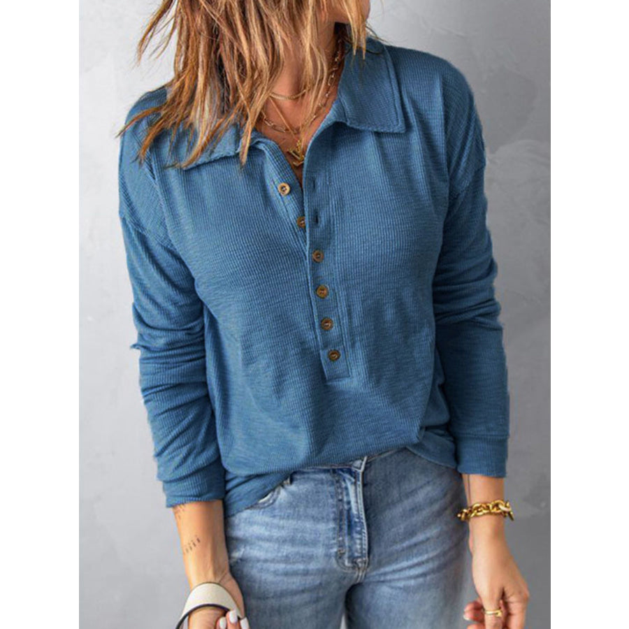 Full Size Half Button Collared Neck Drop Shoulder Top Peacock Blue / S Apparel and Accessories