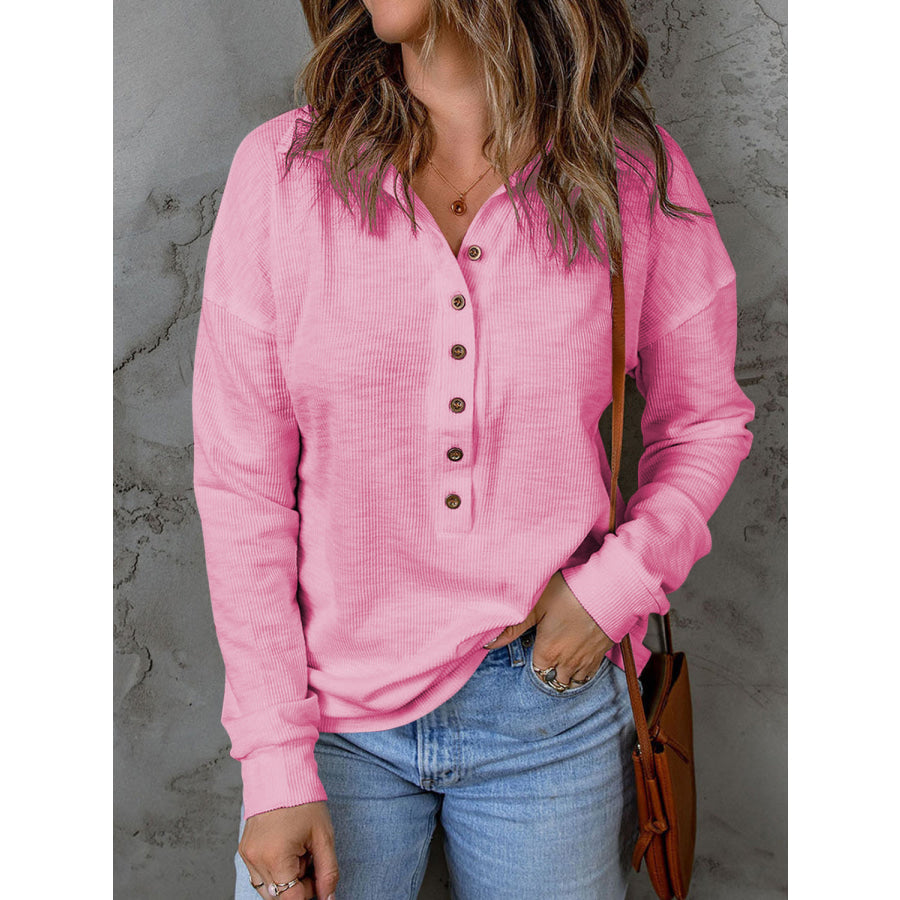 Full Size Half Button Collared Neck Drop Shoulder Top Pink / S Apparel and Accessories