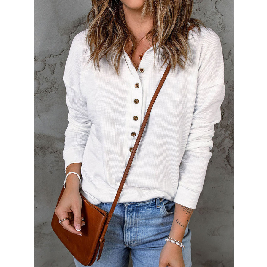 Full Size Half Button Collared Neck Drop Shoulder Top White / S Apparel and Accessories