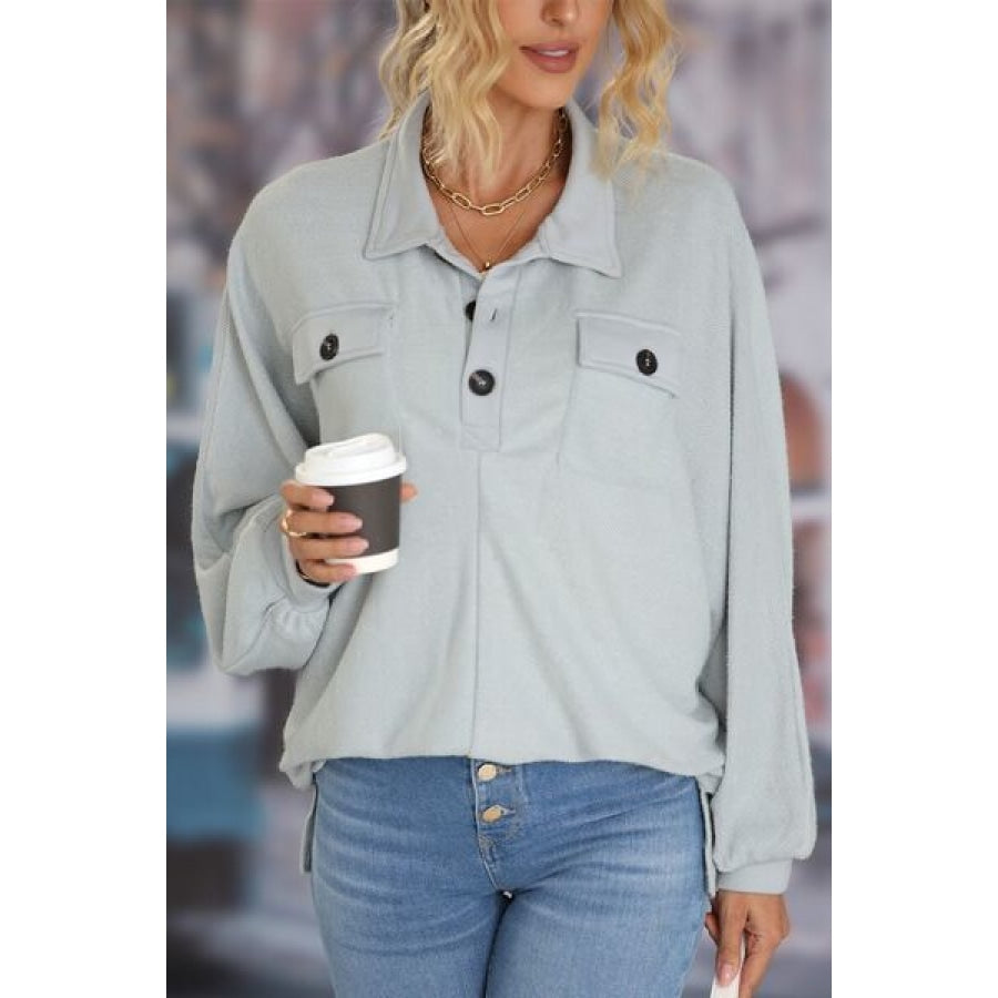 Full Size Half Button Collared Neck Long Sleeve Sweatshirt Clothing