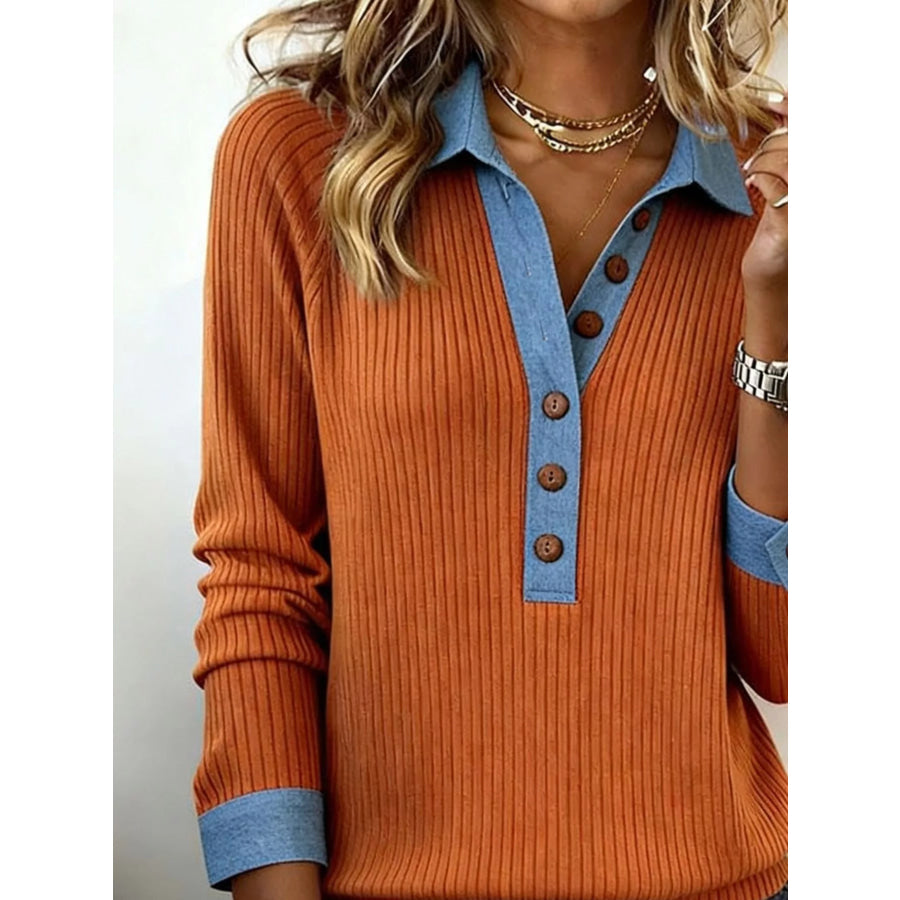 Full Size Half Button Ribbed Long Sleeve Knit Top Plus Size Apparel and Accessories