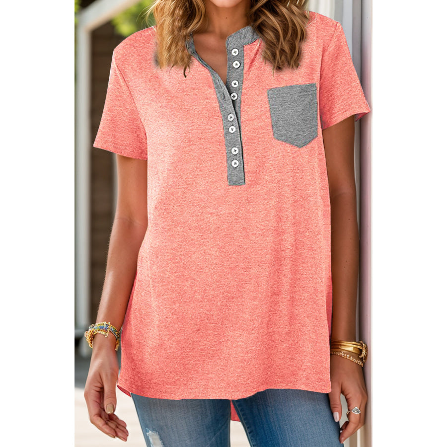 Full Size Half Button Short Sleeve T-Shirt Apparel and Accessories