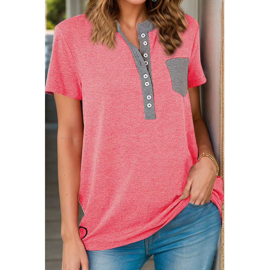 Full Size Half Button Short Sleeve T-Shirt Apparel and Accessories