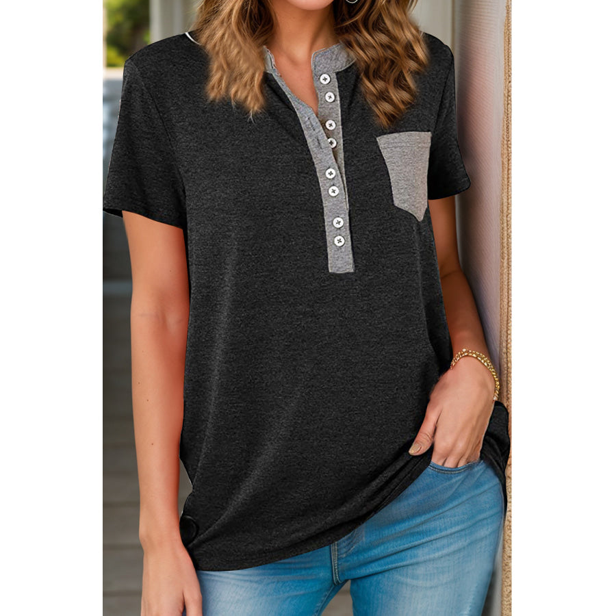 Full Size Half Button Short Sleeve T-Shirt Black / S Apparel and Accessories