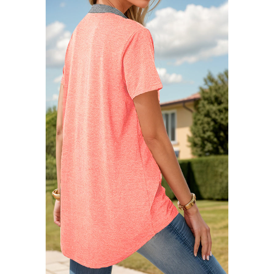 Full Size Half Button Short Sleeve T-Shirt Apparel and Accessories