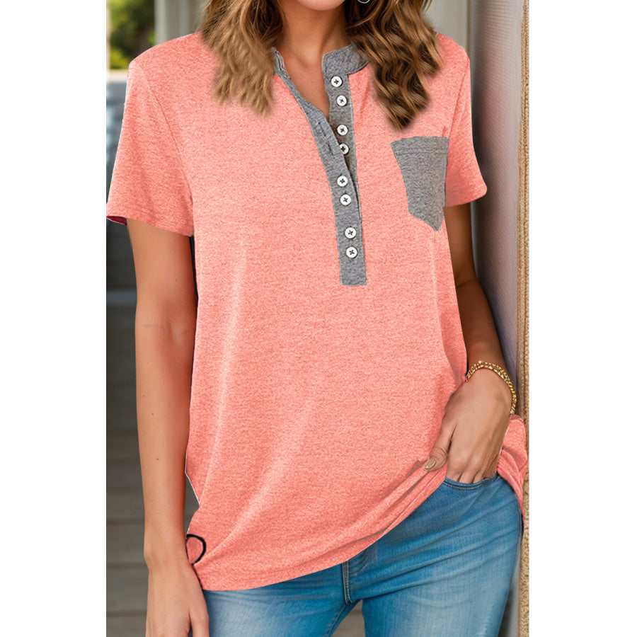Full Size Half Button Short Sleeve T-Shirt Burnt Coral / S Apparel and Accessories