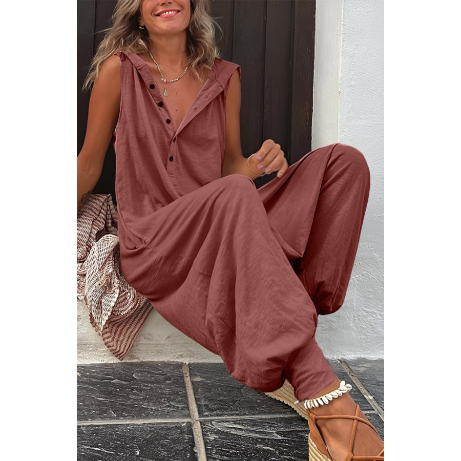Full Size Half Button Sleeveless Jumpsuit Dark Brown / S Apparel and Accessories