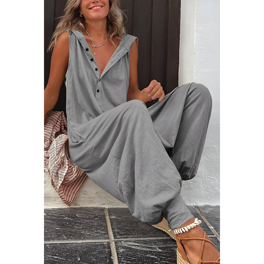 Full Size Half Button Sleeveless Jumpsuit Dark Gray / S Apparel and Accessories