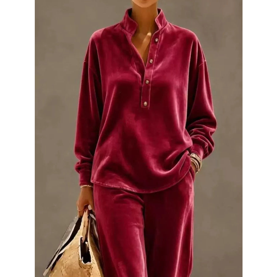 Full Size Half Button Top and Wide Leg Pants Set Plus Apparel Accessories