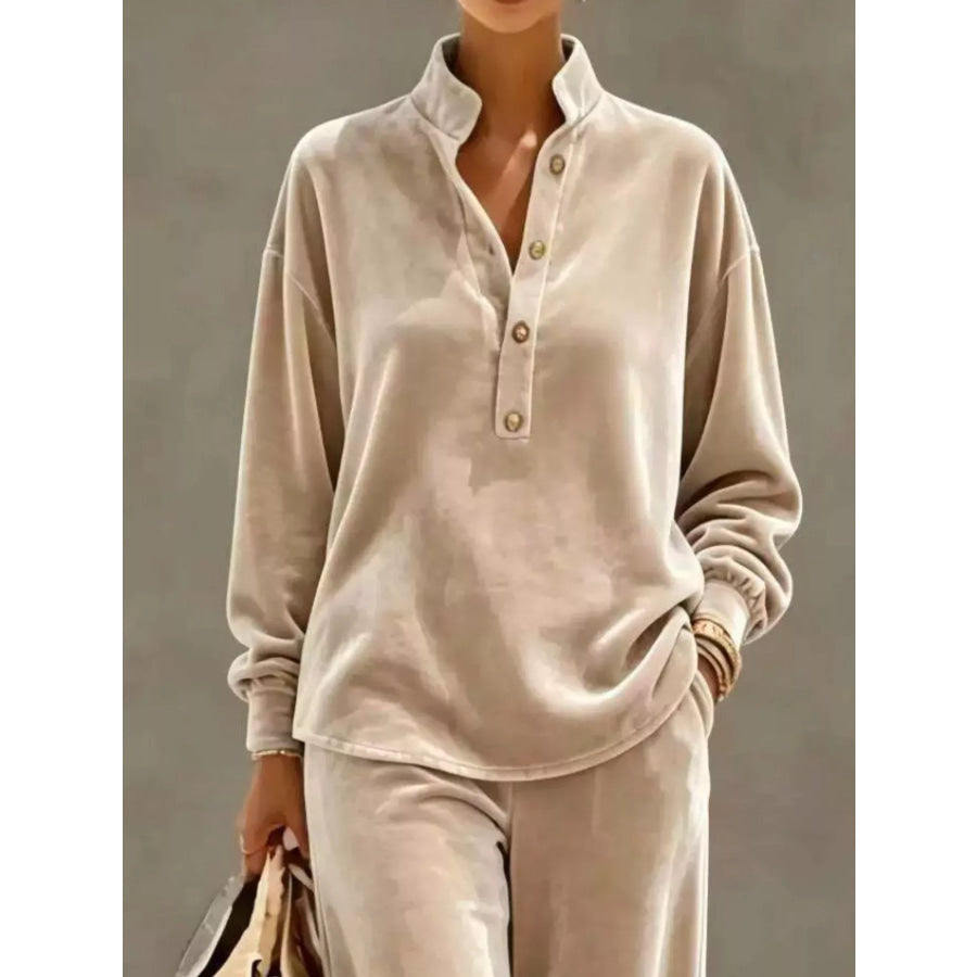 Full Size Half Button Top and Wide Leg Pants Set Plus Apparel Accessories
