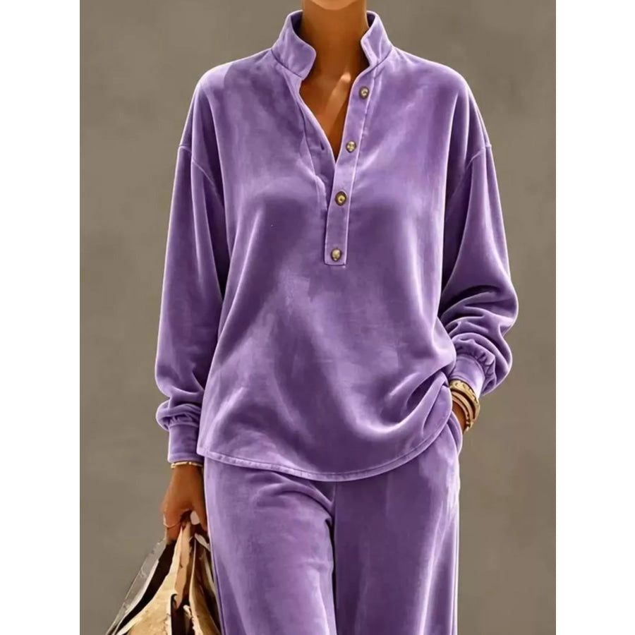 Full Size Half Button Top and Wide Leg Pants Set Plus Apparel Accessories