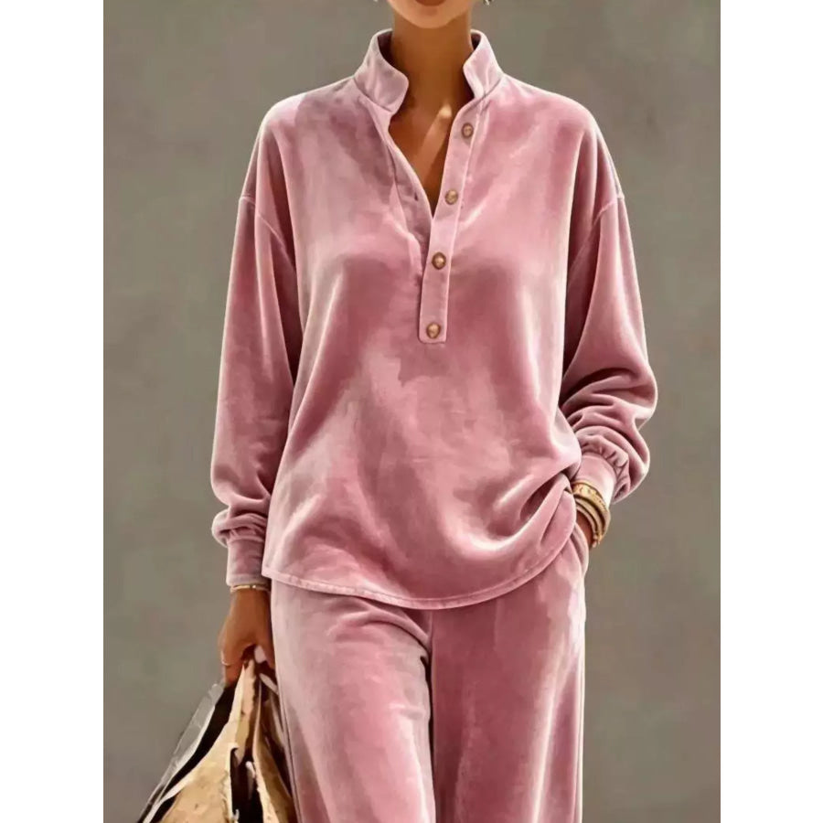 Full Size Half Button Top and Wide Leg Pants Set Plus Apparel Accessories
