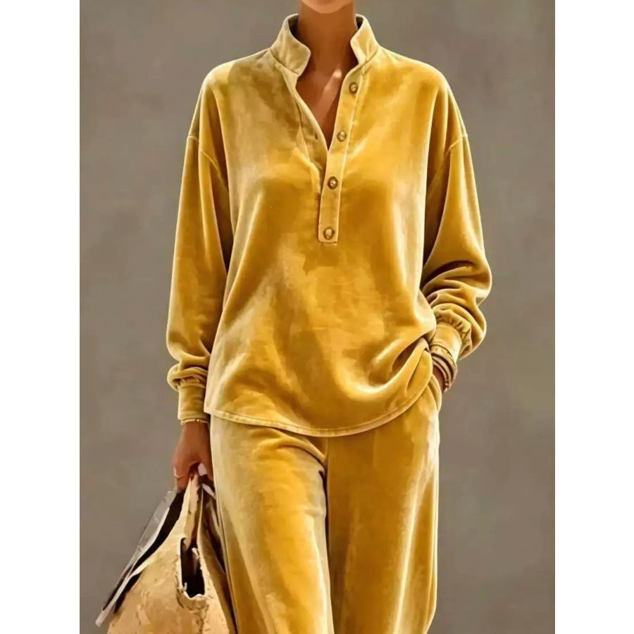 Full Size Half Button Top and Wide Leg Pants Set Plus Apparel Accessories