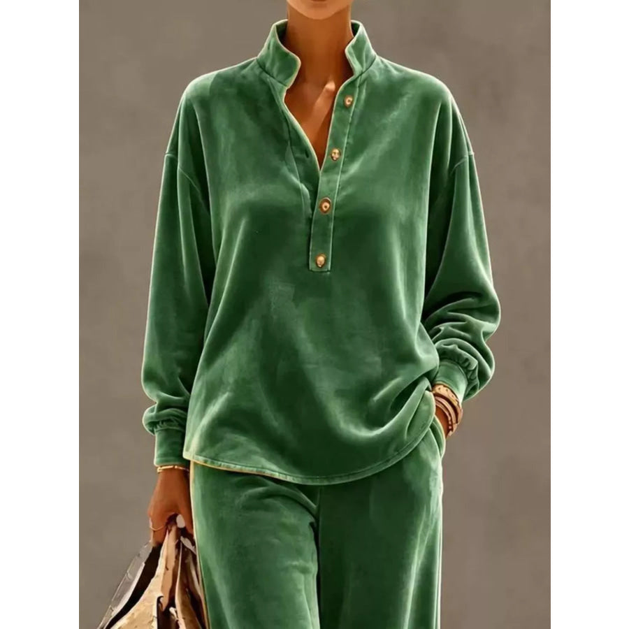 Full Size Half Button Top and Wide Leg Pants Set Plus Apparel Accessories
