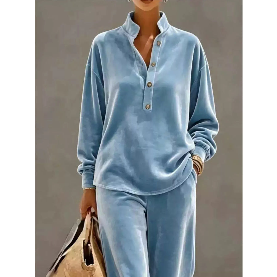 Full Size Half Button Top and Wide Leg Pants Set Plus Apparel Accessories