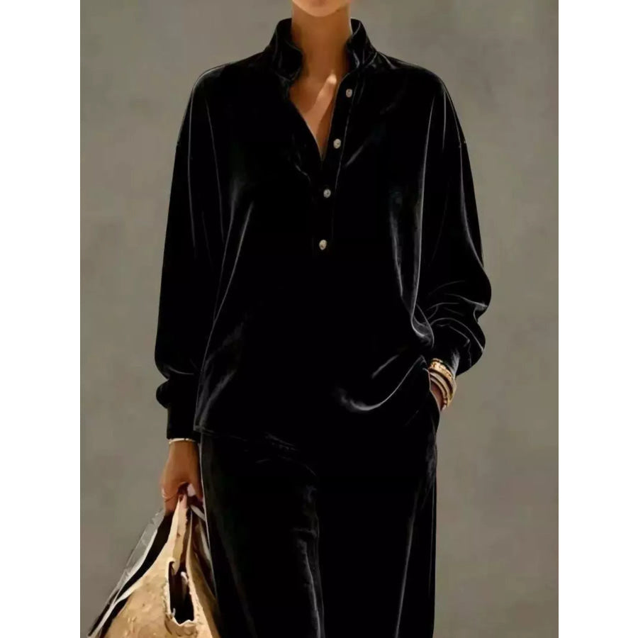 Full Size Half Button Top and Wide Leg Pants Set Plus Apparel Accessories