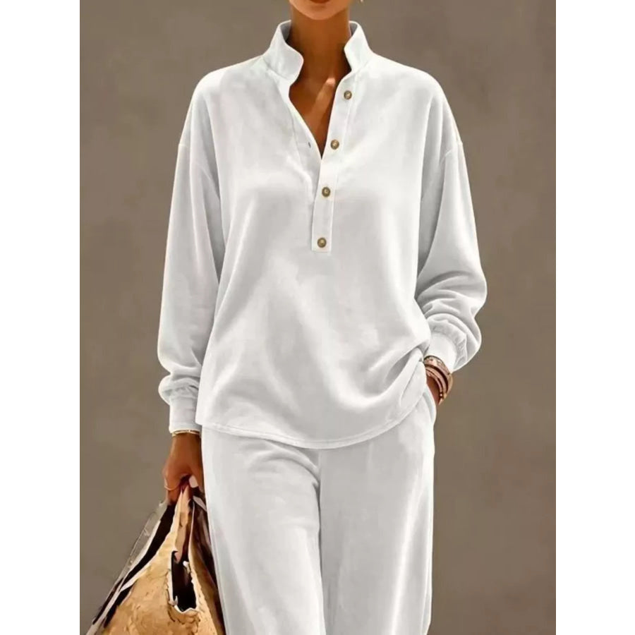 Full Size Half Button Top and Wide Leg Pants Set Plus Apparel Accessories