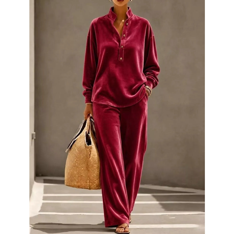 Full Size Half Button Top and Wide Leg Pants Set Plus Burgundy / XS Apparel Accessories