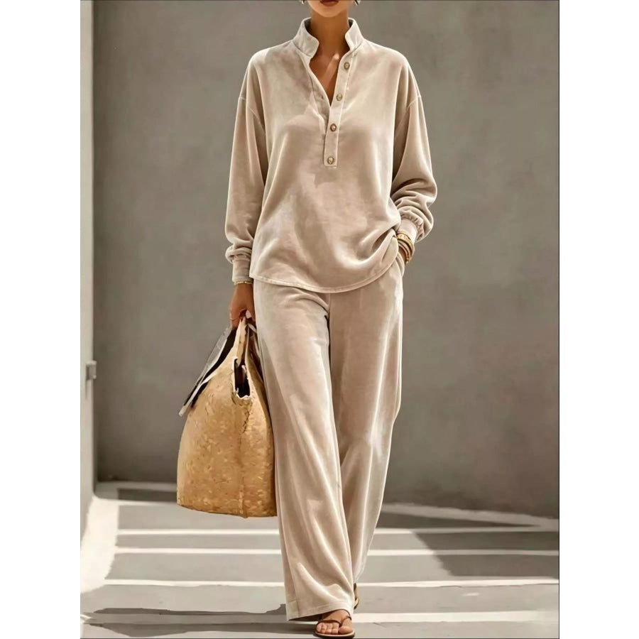 Full Size Half Button Top and Wide Leg Pants Set Plus Khaki / XS Apparel Accessories