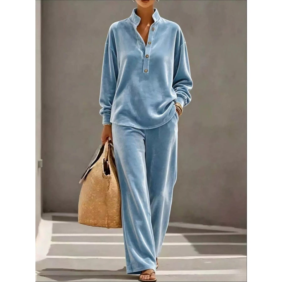 Full Size Half Button Top and Wide Leg Pants Set Plus Sky Blue / XS Apparel Accessories