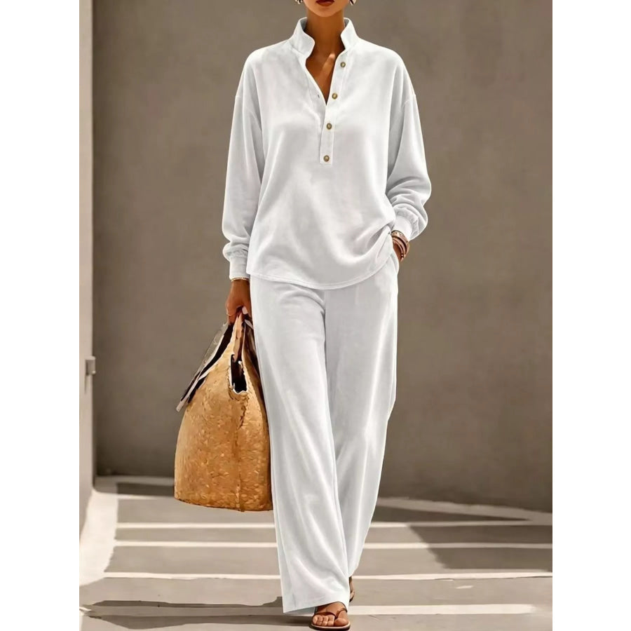 Full Size Half Button Top and Wide Leg Pants Set Plus White / XS Apparel Accessories