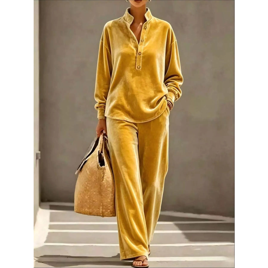 Full Size Half Button Top and Wide Leg Pants Set Plus Yellow / XS Apparel Accessories