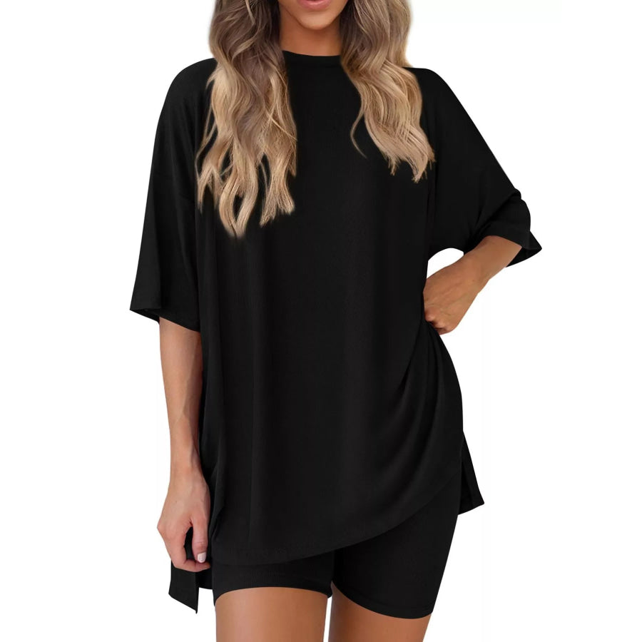 Full Size Half Sleeve T-Shirt and Shorts Set Plus Size Black / XS Apparel and Accessories