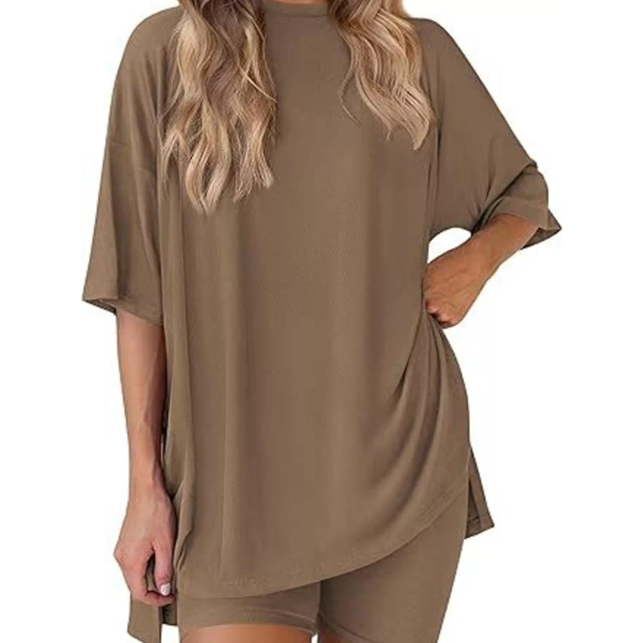 Full Size Half Sleeve T-Shirt and Shorts Set Plus Size Brown / XS Apparel and Accessories