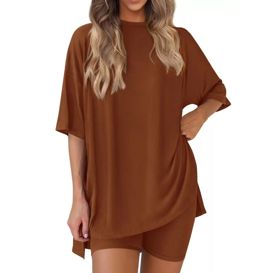 Full Size Half Sleeve T-Shirt and Shorts Set Plus Size Caramel Color / XS Apparel and Accessories