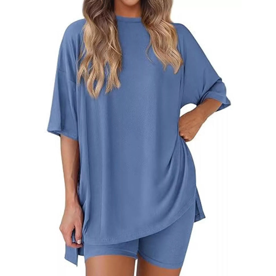 Full Size Half Sleeve T-Shirt and Shorts Set Plus Size Gray Blue / XS Apparel and Accessories