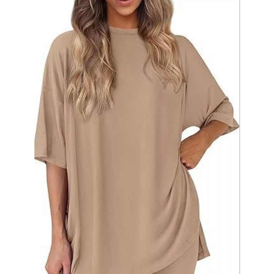 Full Size Half Sleeve T-Shirt and Shorts Set Plus Size Khaki / XS Apparel and Accessories