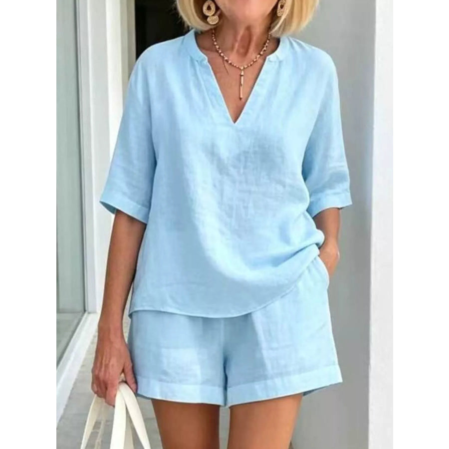 Full Size Half Sleeve Top and Shorts Set Plus Size Light Blue / S Apparel and Accessories