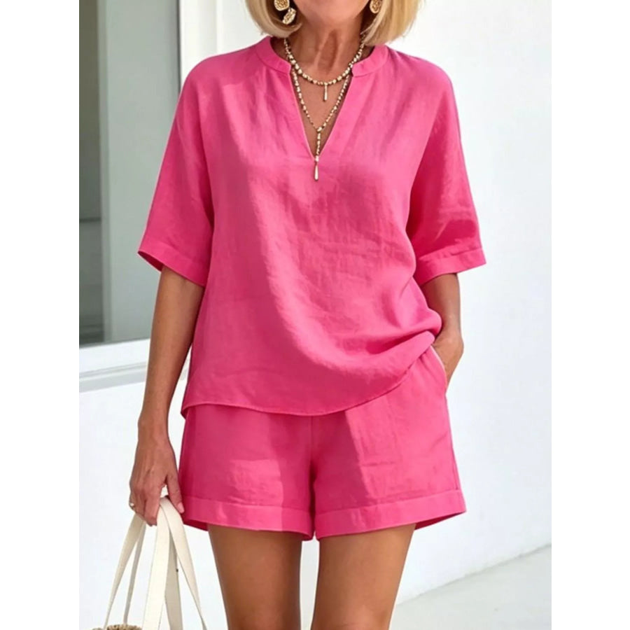 Full Size Half Sleeve Top and Shorts Set Plus Size Rose Red / S Apparel and Accessories