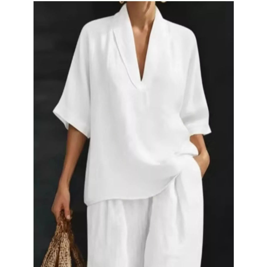 Full Size Half Sleeve Top and Wide Leg Pants Set Plus Size Apparel and Accessories