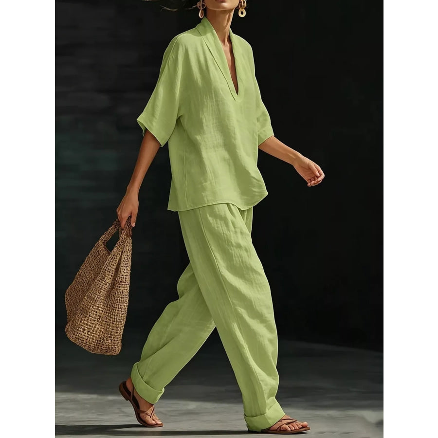 Full Size Half Sleeve Top and Wide Leg Pants Set Plus Apparel Accessories