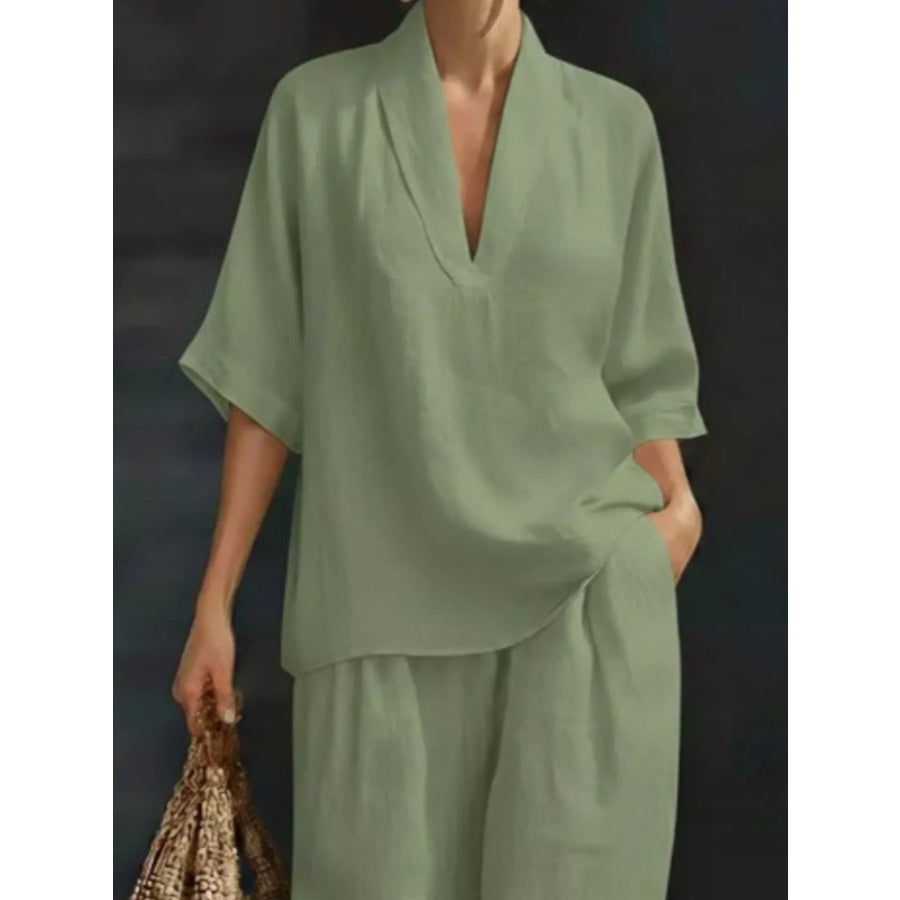 Full Size Half Sleeve Top and Wide Leg Pants Set Plus Size Apparel and Accessories