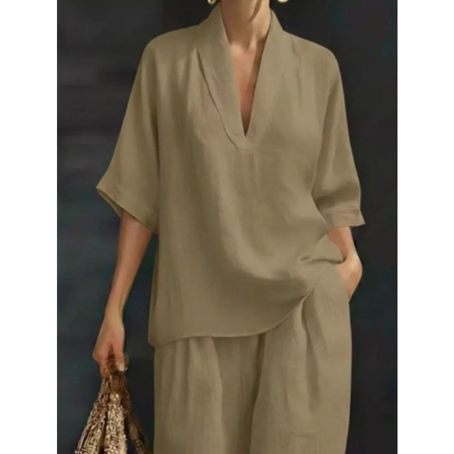 Full Size Half Sleeve Top and Wide Leg Pants Set Plus Size Apparel and Accessories