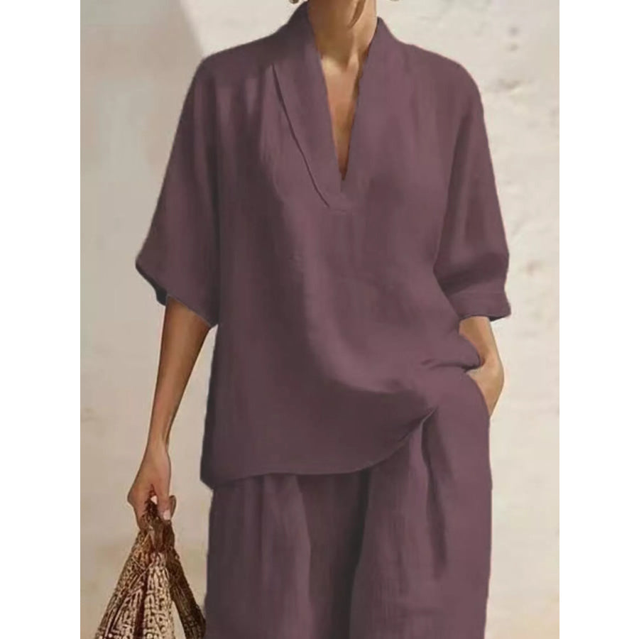 Full Size Half Sleeve Top and Wide Leg Pants Set Plus Size Apparel and Accessories