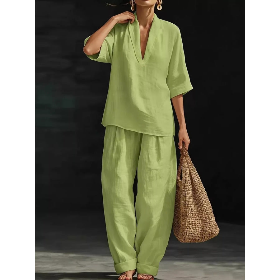 Full Size Half Sleeve Top and Wide Leg Pants Set Plus Green / S Apparel Accessories
