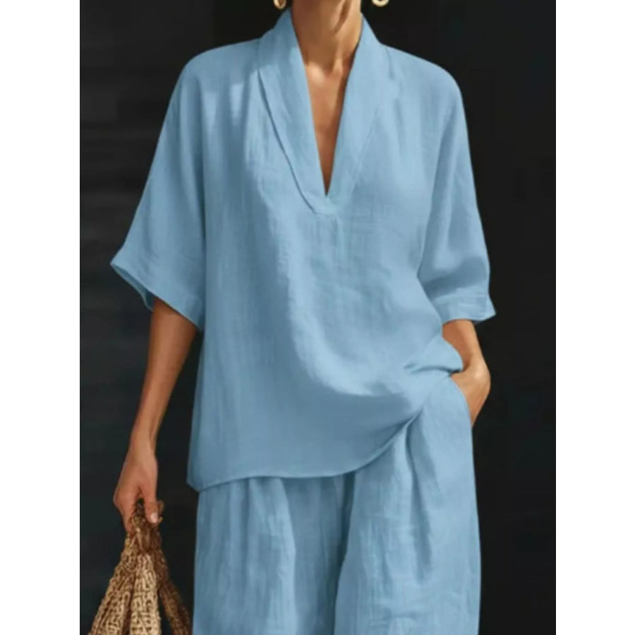 Full Size Half Sleeve Top and Wide Leg Pants Set Plus Size Apparel and Accessories