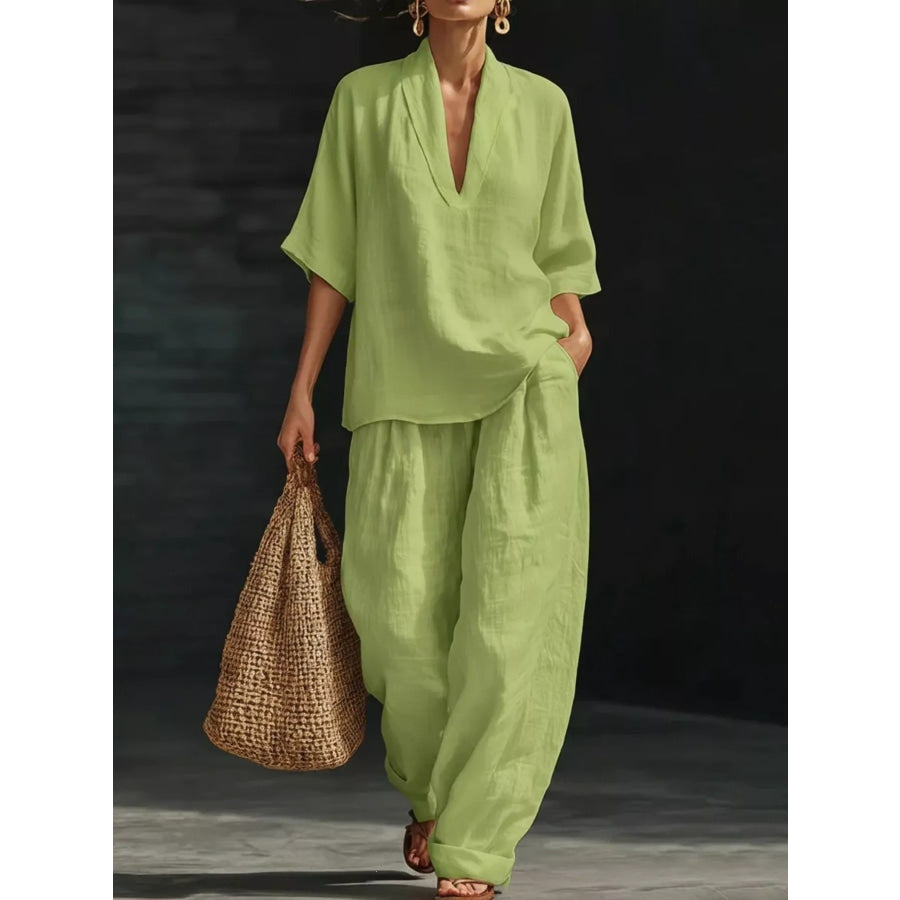 Full Size Half Sleeve Top and Wide Leg Pants Set Plus Apparel Accessories